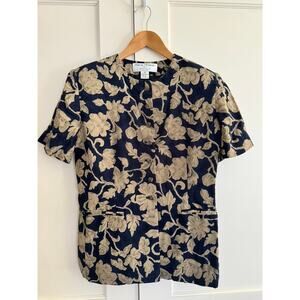 Rena Rowan for Saville Petite 12P Navy Beige Floral Blazer Jacket Short Sleeve